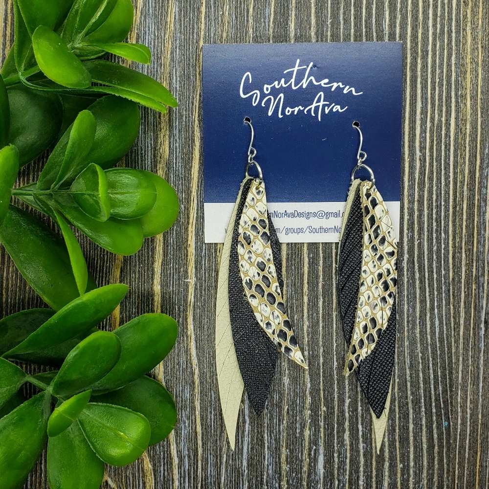 Cream and Black Snakeskin Feather Leather Earrings